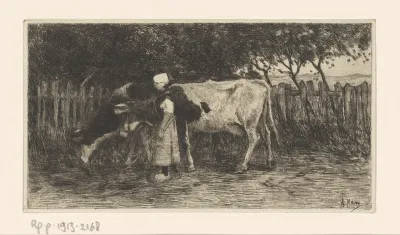 Boerenmeisje met twee koeien