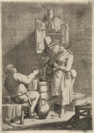 Boerenpaar en een man met een glas