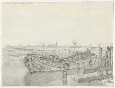 Boerenschuit in een vaart, in het verschiet Weesp