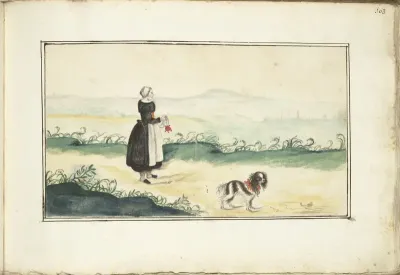 Boerenvrouw en hond in een landschap