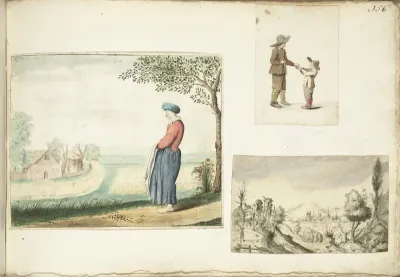 Boerenvrouw, jongens met appels en een heuvelachtig landschap