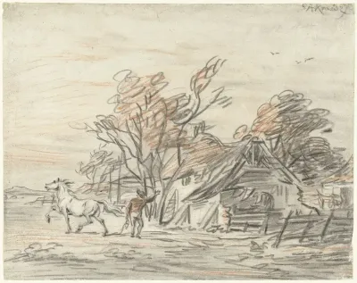 Boerenwoning waarbij een boer zijn paard dresseert