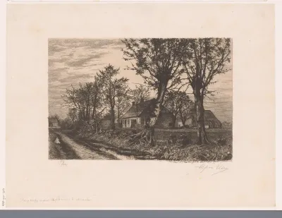Boerenwoningen aan een landweg met sloot en bomen