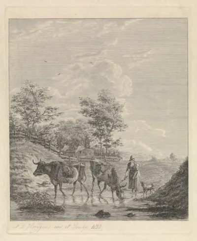 Boerin en koeien in landschap