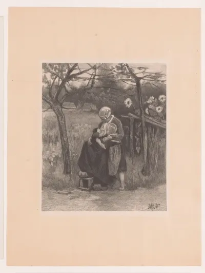 Boerin in landschap met twee kinderen