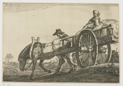 Boerin op een paardenkar met twee wielen