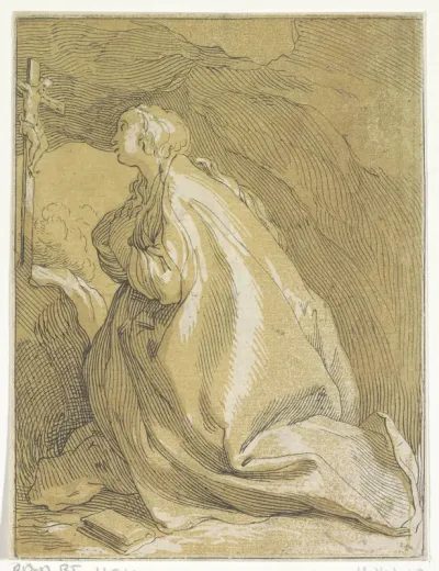 Boetvaardige Maria Magdalena in de grot geknield voor een crucifix