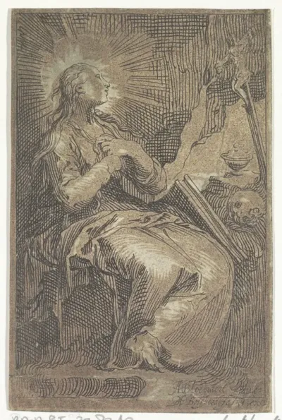 Boetvaardige Maria Magdalena in de grot voor crucifix
