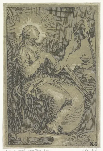 Boetvaardige Maria Magdalena in de grot voor crucifix