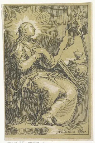 Boetvaardige Maria Magdalena in de grot voor crucifix