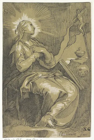 Boetvaardige Maria Magdalena in de grot voor een crucifix