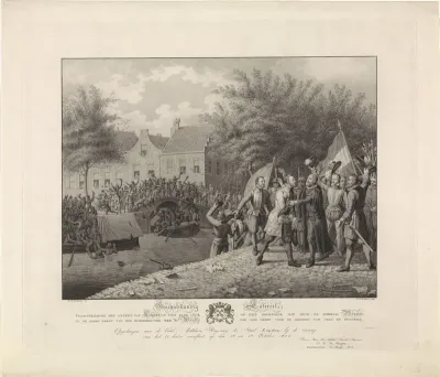 Boisot omhelst burgemeester van der Werff tijdens het ontzet van Leiden, 1574