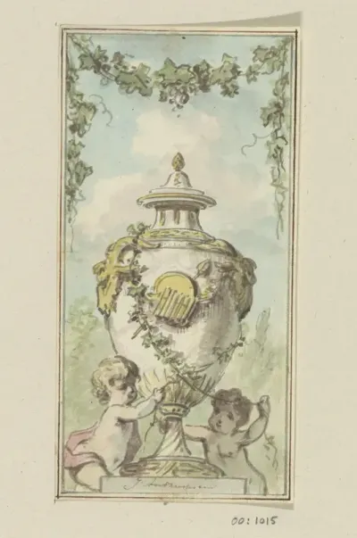 Bokaal met attributen van Bacchus, met aan de voet twee putti