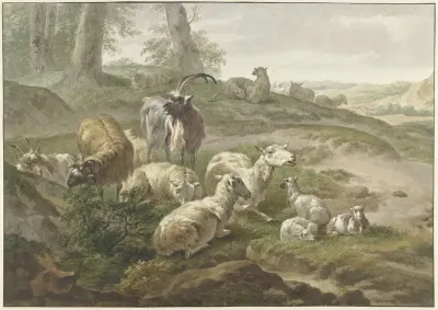 Bokken en schapen in een heuvelachtig landschap