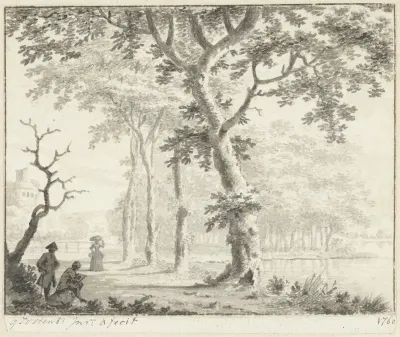 Bomen aan de waterkant en een tekenaar