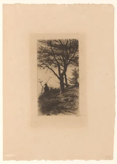 Bomen en een figuur op een heuvel