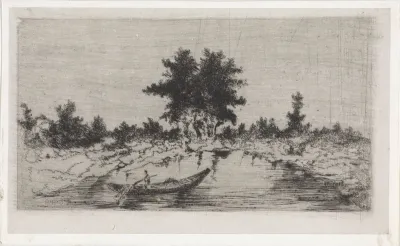Bomengroep aan het water met bootje