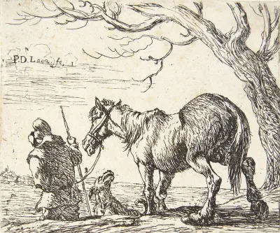 Bonde, trækkende en hest