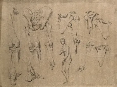 Bones of the pelvis, scapula, hip, knee and elbow joints, with a figure of the Capitoline Venus and a faint sketch of a male nude