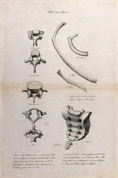Bones of the spine, ribcage and sacrum: nine figures, including vertebrae, ribs and coccyx