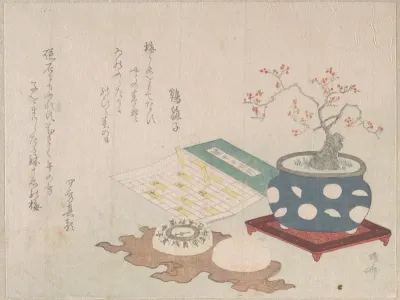 Bonsai Plum, Compass, and Pocket Sundial with Design of Calendar, from Spring Rain Surimono Album (Harusame surimono-jō, vol. 3)