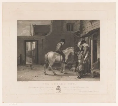 Boodschappenjongen op paard voor een huis met twee vrouwen en kind