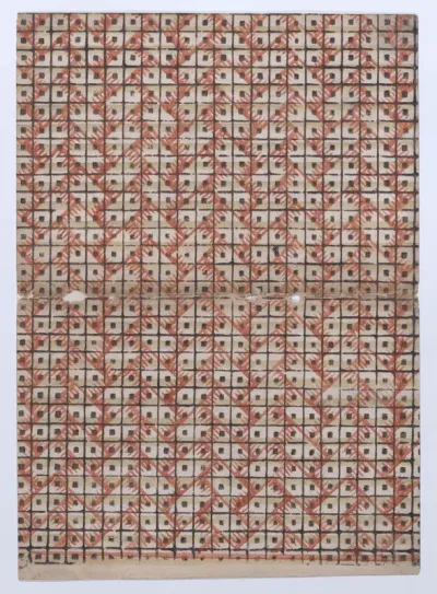 Book cover with overall grid pattern with geometric designs