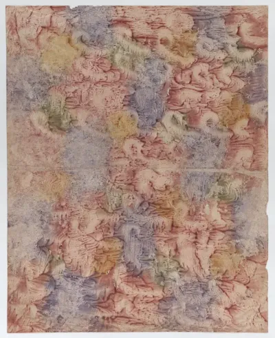 Book cover with purple, green, red, and yellow pattern
