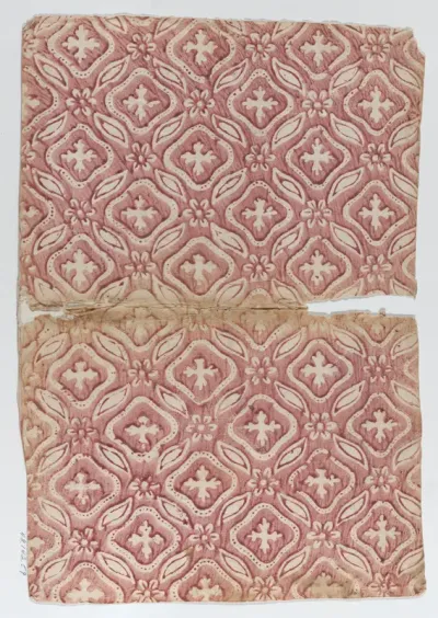 Book cover with red floral and abstract pattern