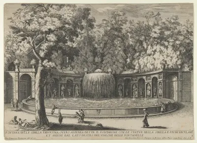 Book IV, plate 7: the fountain of the Tiburtine sibyl in the garden at Villa d'Este, Tivoli, from "The fountains of the Este garden in Tivoli" (Le fontane del Giardino Estense in Tivoli)