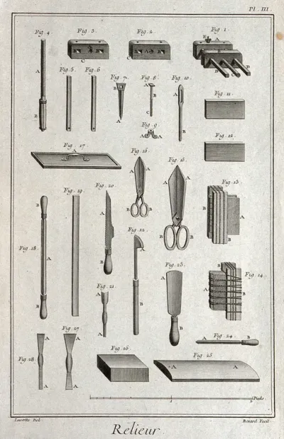 Bookbinding: knives, scissors, clamps, etc