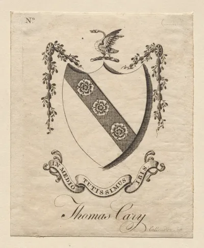Bookplate:  Coat of Arms with Thomas Cary inscribed below