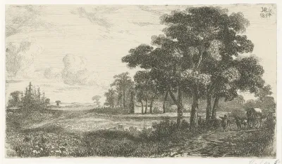 Boomrijk landschap met huifkar