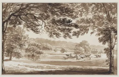 Boomrijk landschap met koeien in een meertje
