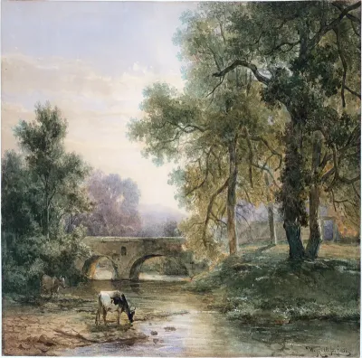 Boomrijk landschap met stenen brug over een rivier