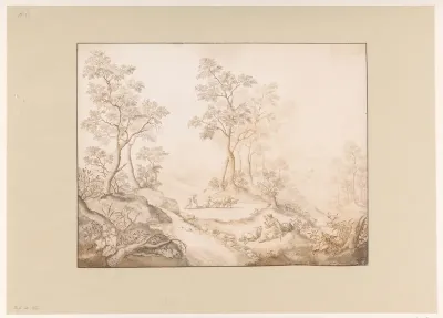 Boomrijk landschap met vrouw, man en een boer