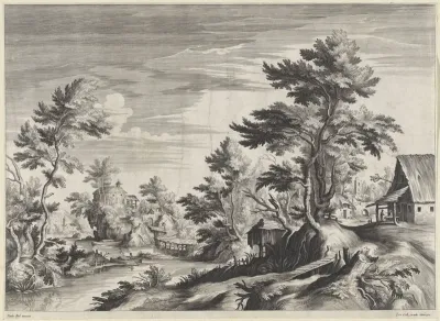 Boomrijk rivierlandschap met enkele gebouwen