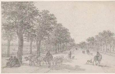 Boomrijke weg met een herder met kudde, man te paard en passanten
