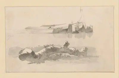 Boomstam en enkele schuiten