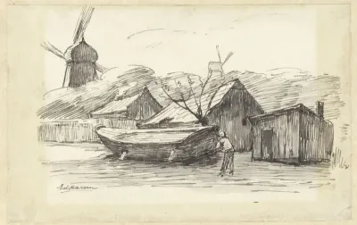 Boot, huizen en een windmolen