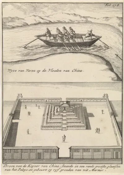 Boot met acht roeiers bij een stroomversnelling / Keizerlijke troon te China