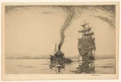 Boot sleept een schip voort