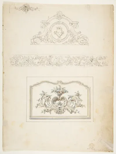 Border and Three Pediments (recto), Fifteen circular Designs (verso)