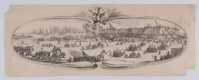 Border at Lower Left: L'Assault Genéral des Anglais a la Citadelle (The Assault of the English General on the Citadel), from an etching on six plates of a central battle scene framed by ten additional plates, entitled Siège de la Citadelle de St-Mart