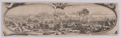 Border at Lower Right: Défaite des Anglais (Defeat of the English), from an etching on six plates of a central battle scene framed by ten additional plates, entitled Siège de la Citadelle de St-Martin dans l'Île de Ré (Siege of the Citadel of St. Mar