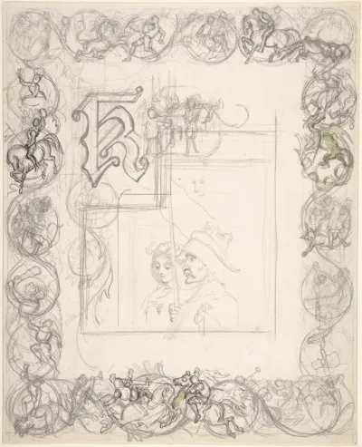 Border design with knights, ladies and dragons (recto); Sketches for border elements (verso)