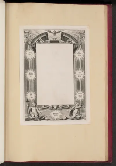 Border Illustration with Two Putti "Scientia, Fortitvdo, Pietas, Timor-DNI, Sapientia, Intellectvs, Consilivm"