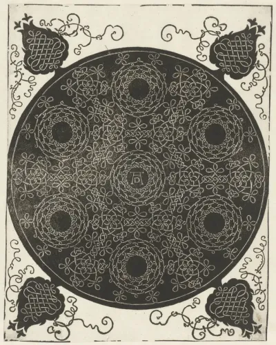 Borduurvoorbeeld met zeven kransvormige motieven