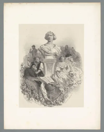 Borstbeeld omringd door Bacchus, twee vrouwen en andere figuren