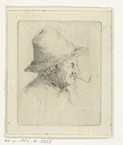 Borstbeeld van boer met hoed en pijp, en profil